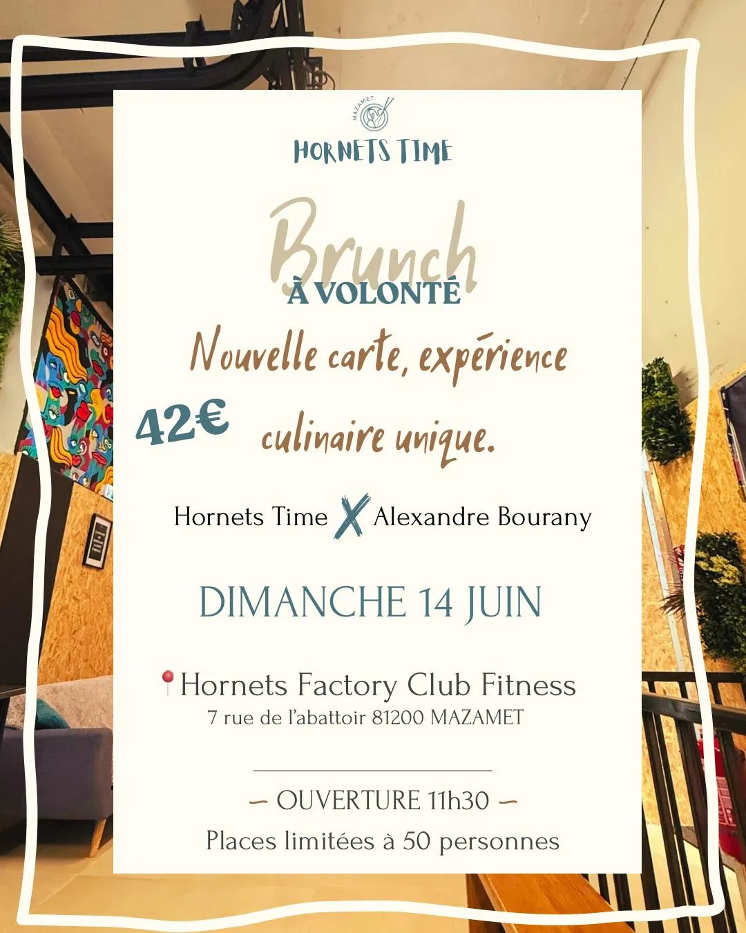 Affiche du brunch Hornets Time le 14 juin 2026 à 11h30. 42€ par personne