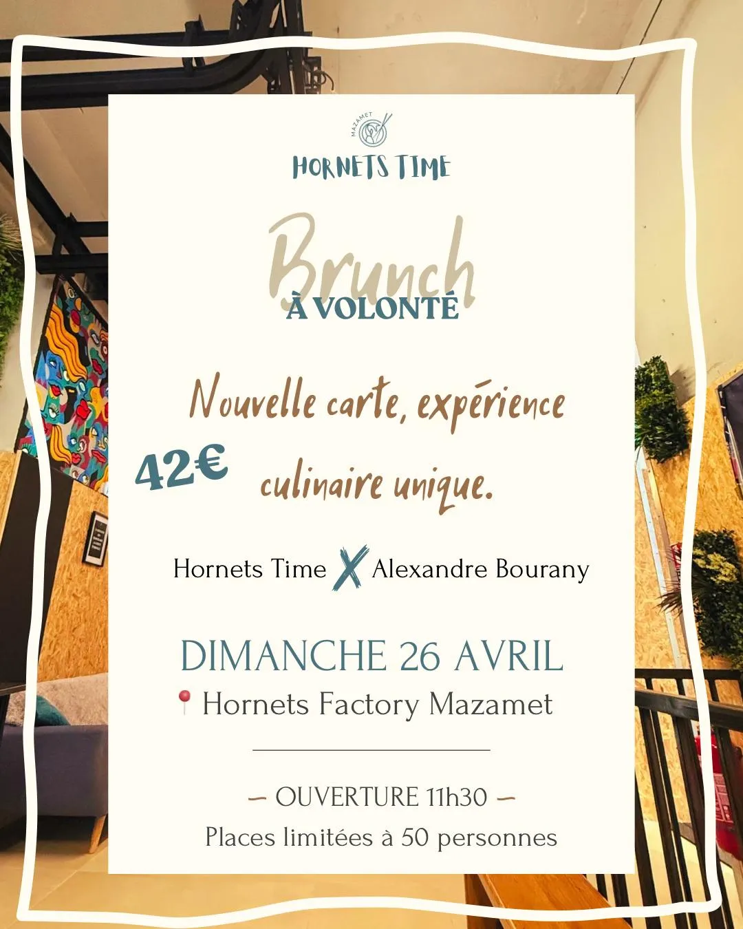 Affiche du brunch Hornets Time le 26 avril 2026 à 11h30. 42€ par personne