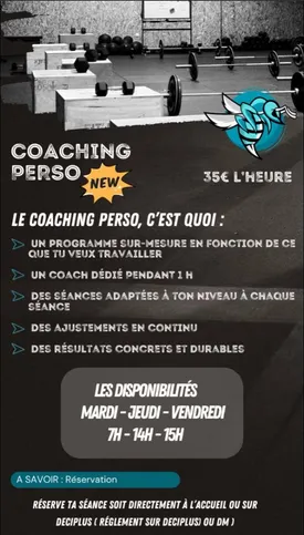 Séances de coaching individuel. Tarif : 35€ l'heure, créneau : Mardi - Jeudi - Vendredi à 7h - 14h - 15h